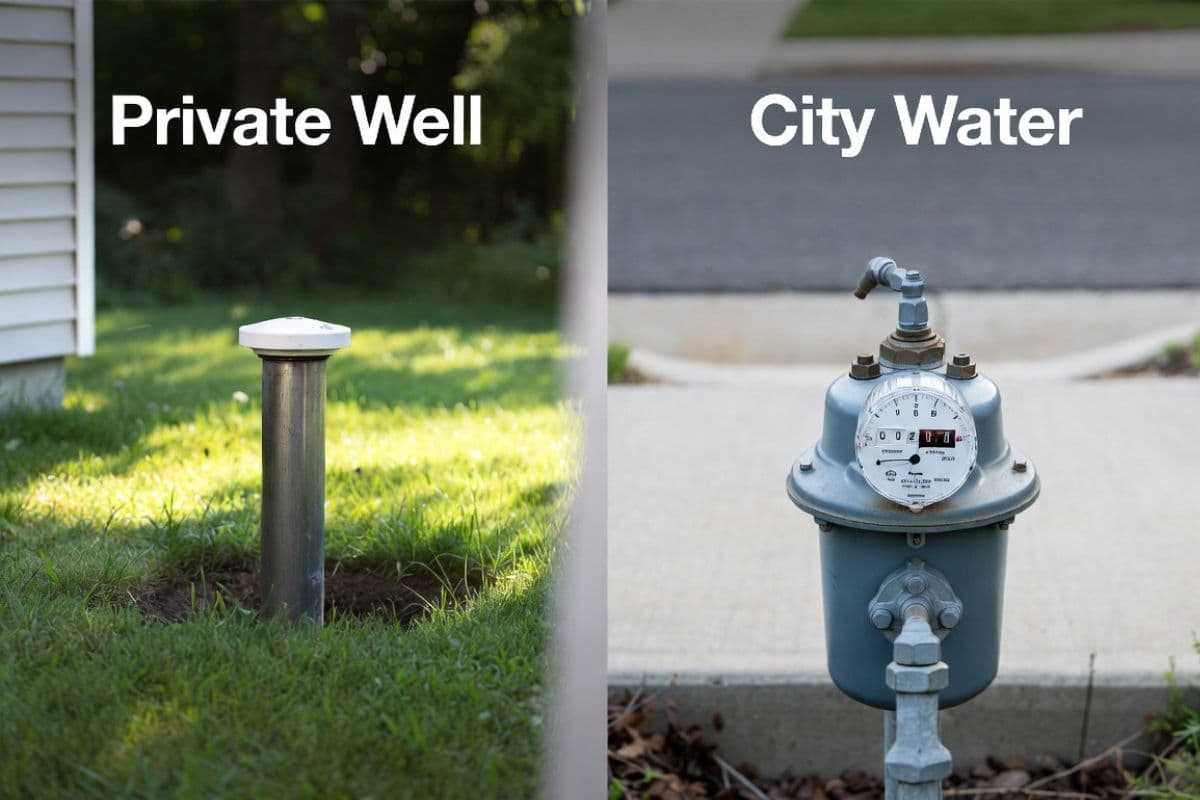 Split image comparing private well water and city water — left panel shows a residential wellhead casing with white cap on green grass, right panel shows a municipal water meter on a suburban street.
