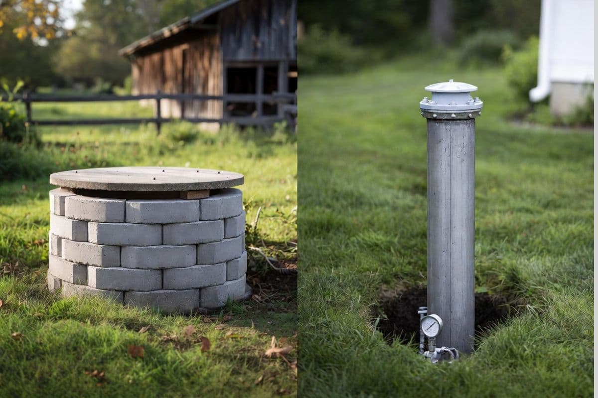 Split image comparing a traditional dug well with concrete block ring construction and flat cover in a rural yard on the left, and a modern drilled well steel casing with sanitary cap and pressure gauge on a residential lawn on the right.