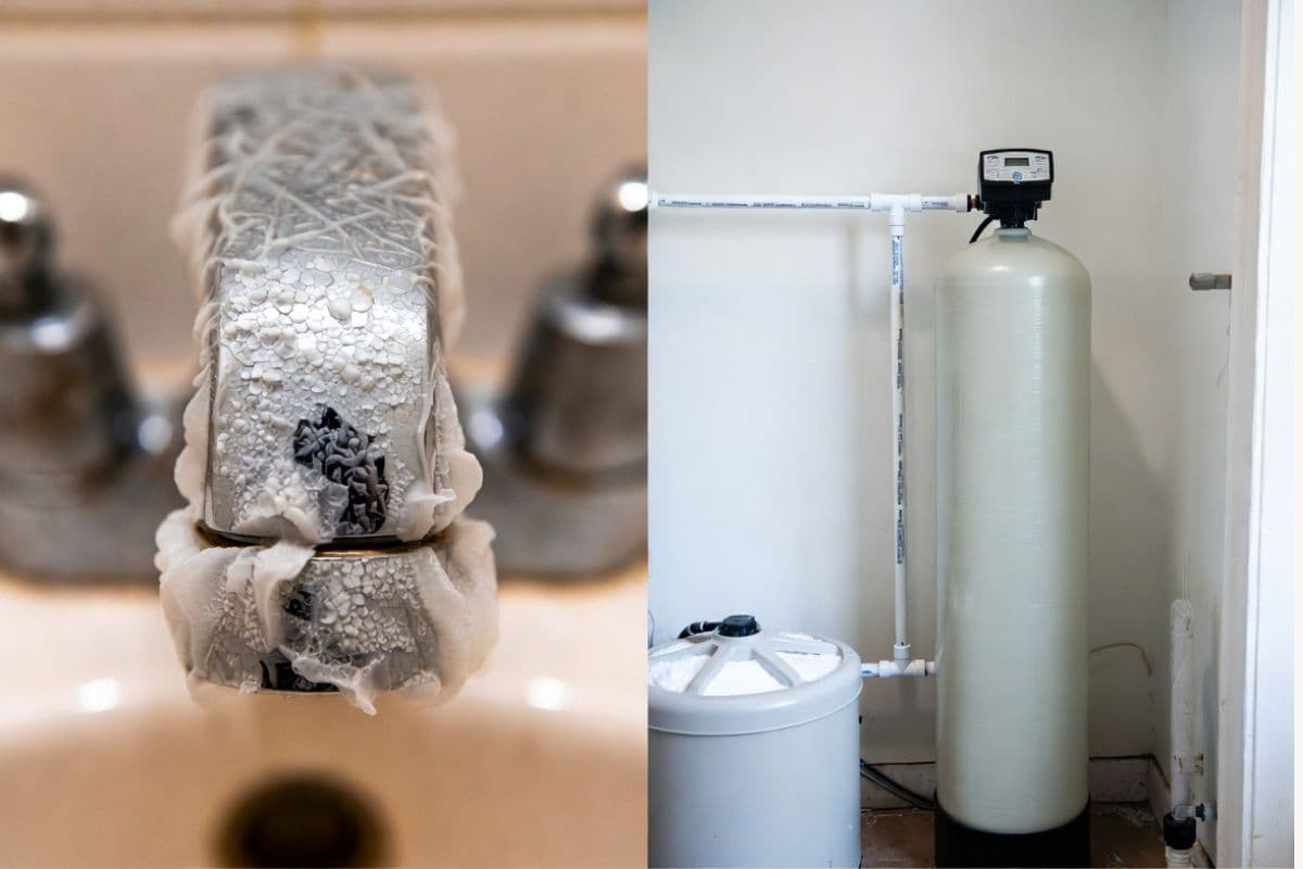 Split image showing severe white calcium scale buildup on a bathroom faucet on the left, and a residential water softener system with resin tank and brine tank installed in a utility room on the right.