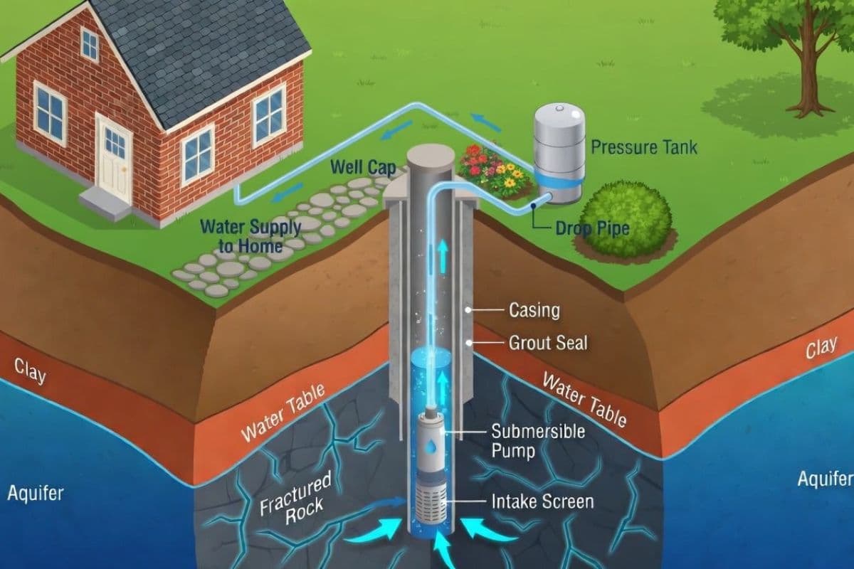Pressure tank and pressure switch in a basement utility room with pipes and gauges visible