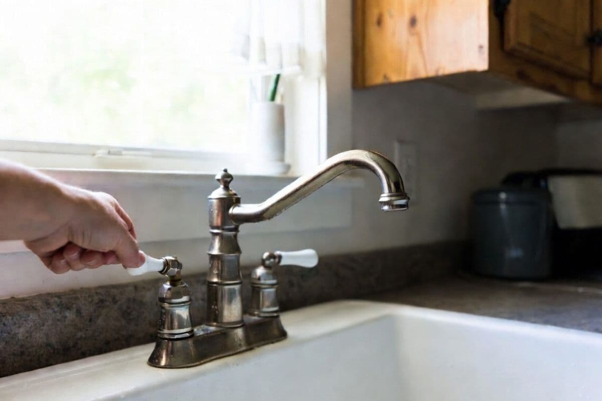 A hand turning on a kitchen faucet with no water coming out