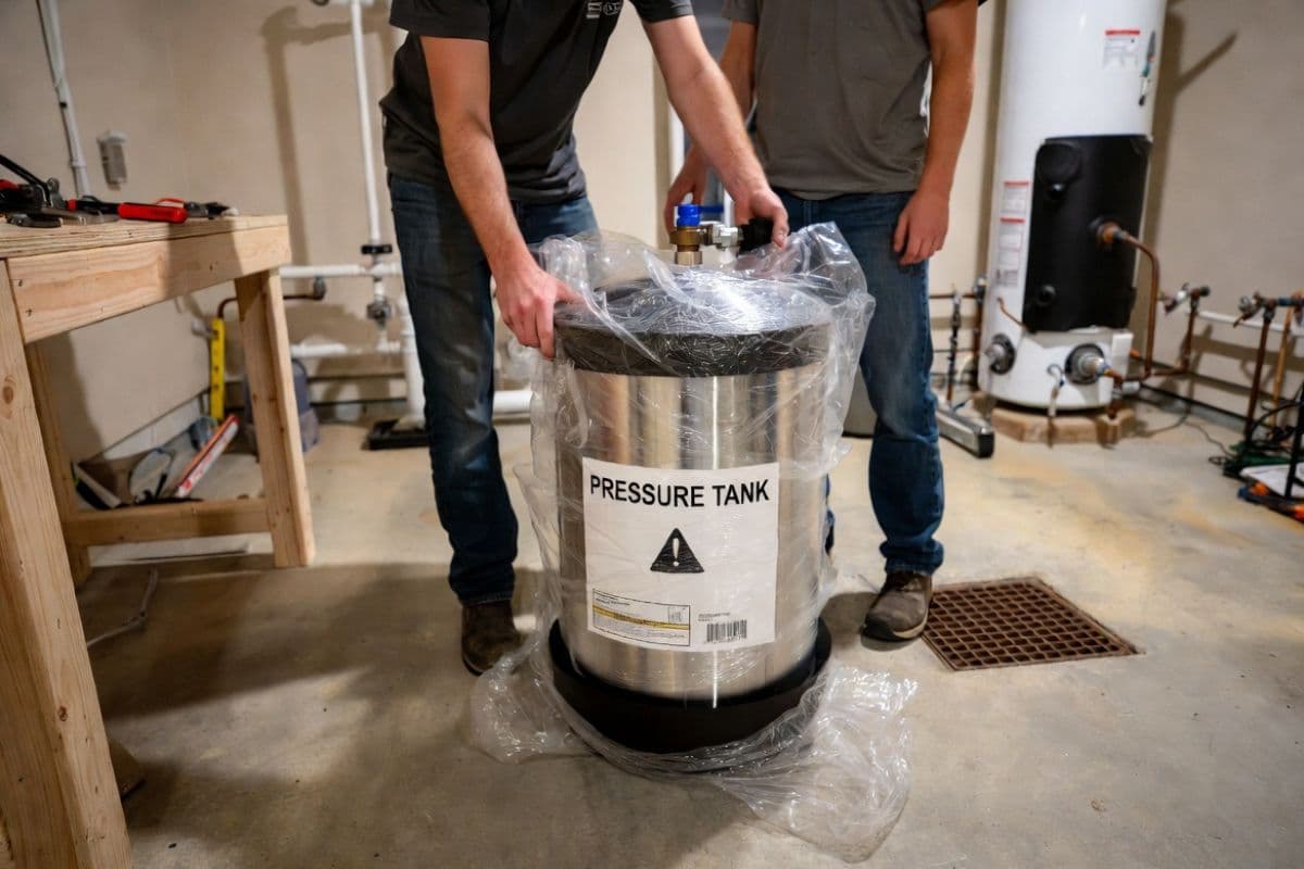 Two contractors positioning a new pressure tank still in packaging during a basement installation