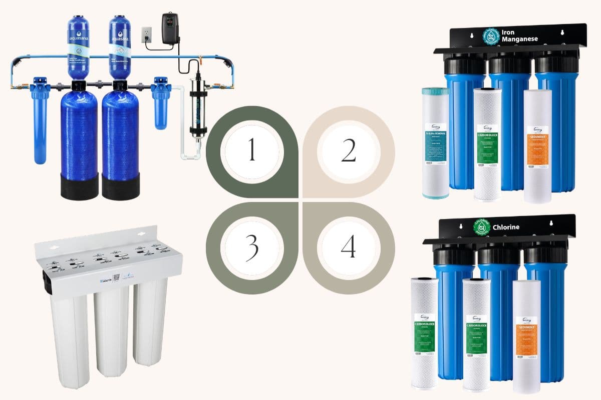 Whole house water filtration system with blue tanks and UV unit mounted on a utility room wall with copper plumbing