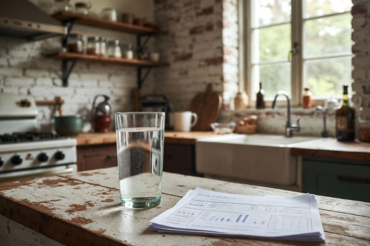 Water testing kit with sample bottle and printed results on a kitchen counter