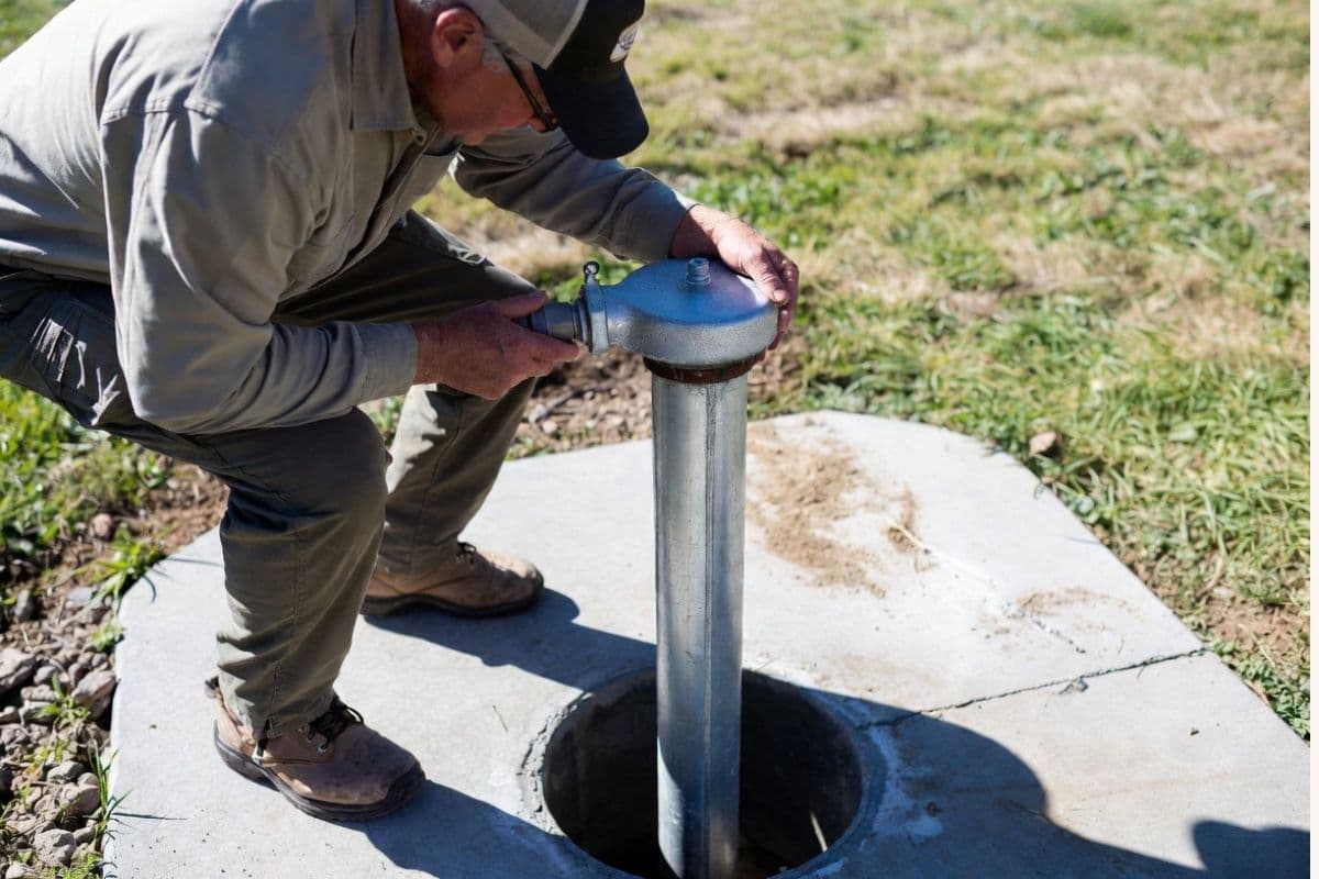 Homeowner kneeling at a wellhead doing a visual inspection