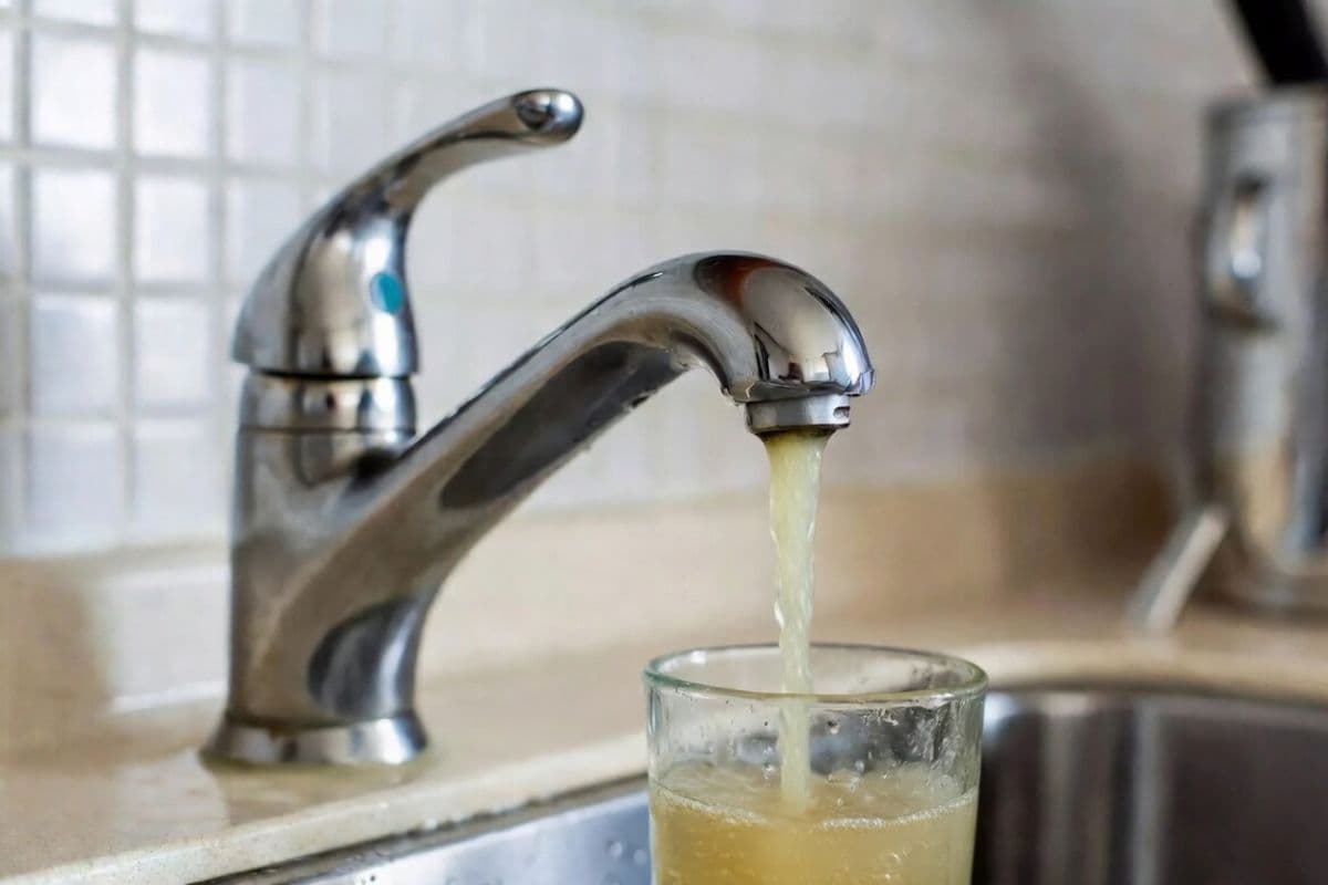 Person holding a glass of well water up to the light with a concerned expression, examining water quality in a kitchen
