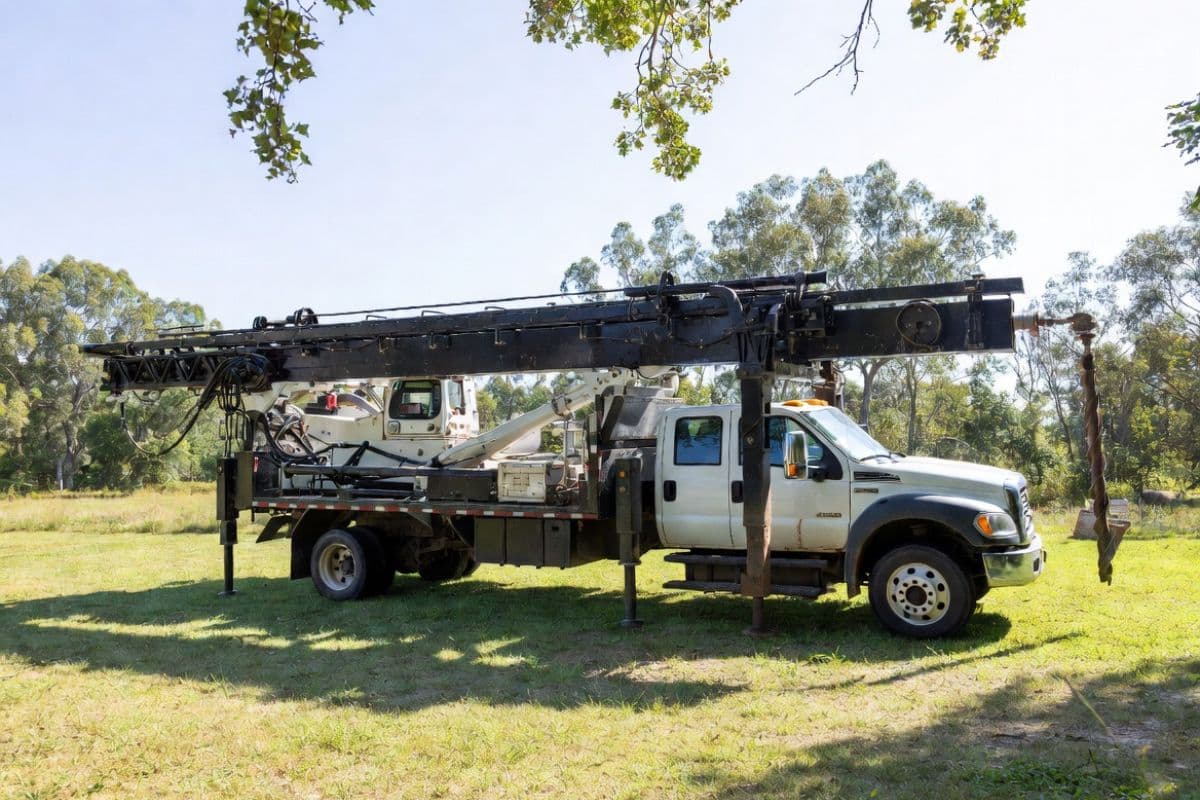 Truck-mounted water well drilling rig with mast and stabilizer legs deployed on a rural residential property, ready to begin drilling.
