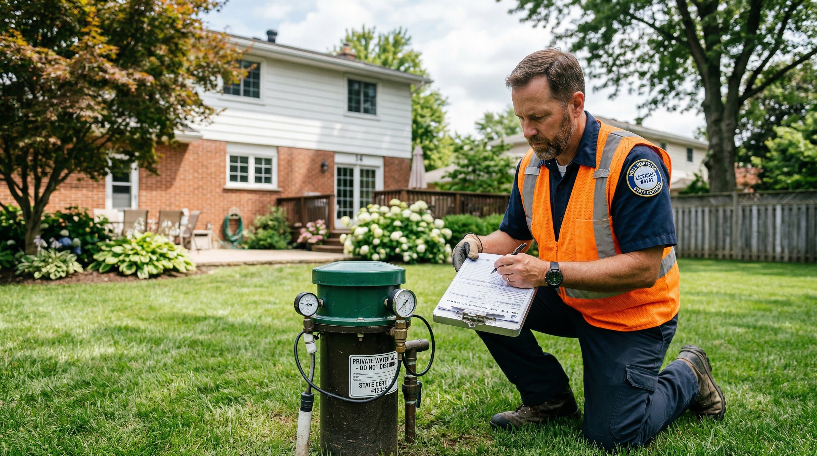 Licensed well inspector crouching next to residential wellhead with clipboard in suburban backyard