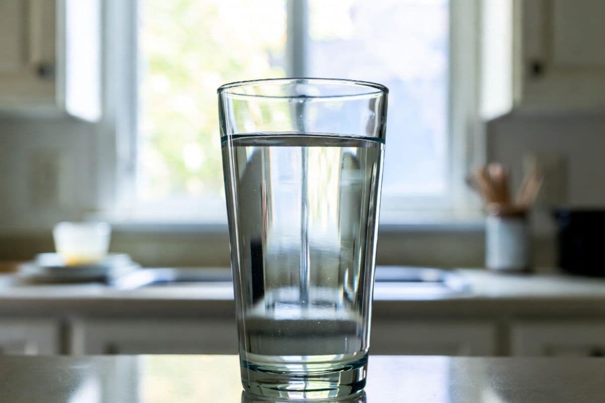 A clean glass of water against a light neutral background