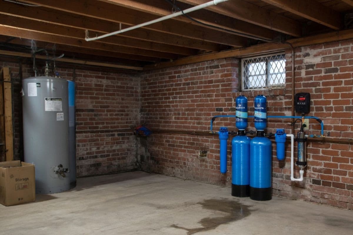 Multi-stage whole house water filtration system installed in a residential basement, showing multiple blue filter tanks, cartridge filter housings, a UV disinfection unit, and a digital control panel mounted on a brick wall.