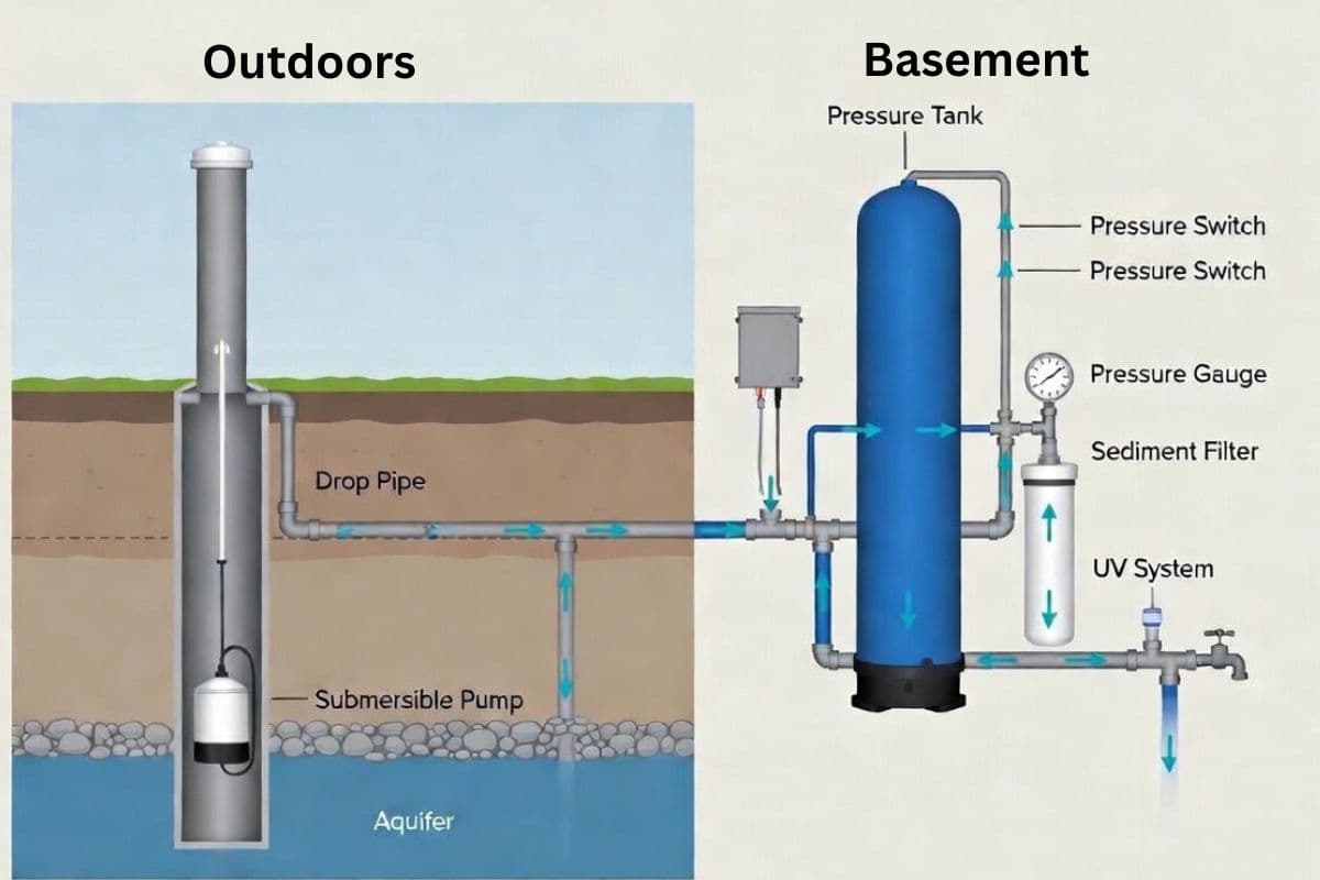 Diagram of a residential private well water system showing the outdoor wellhead and underground cross-section with submersible pump and aquifer on the left, and the basement pressure tank, pressure switch, pressure gauge, sediment filter, and UV system on the right, with teal flow arrows tracing the water path from aquifer to faucet.