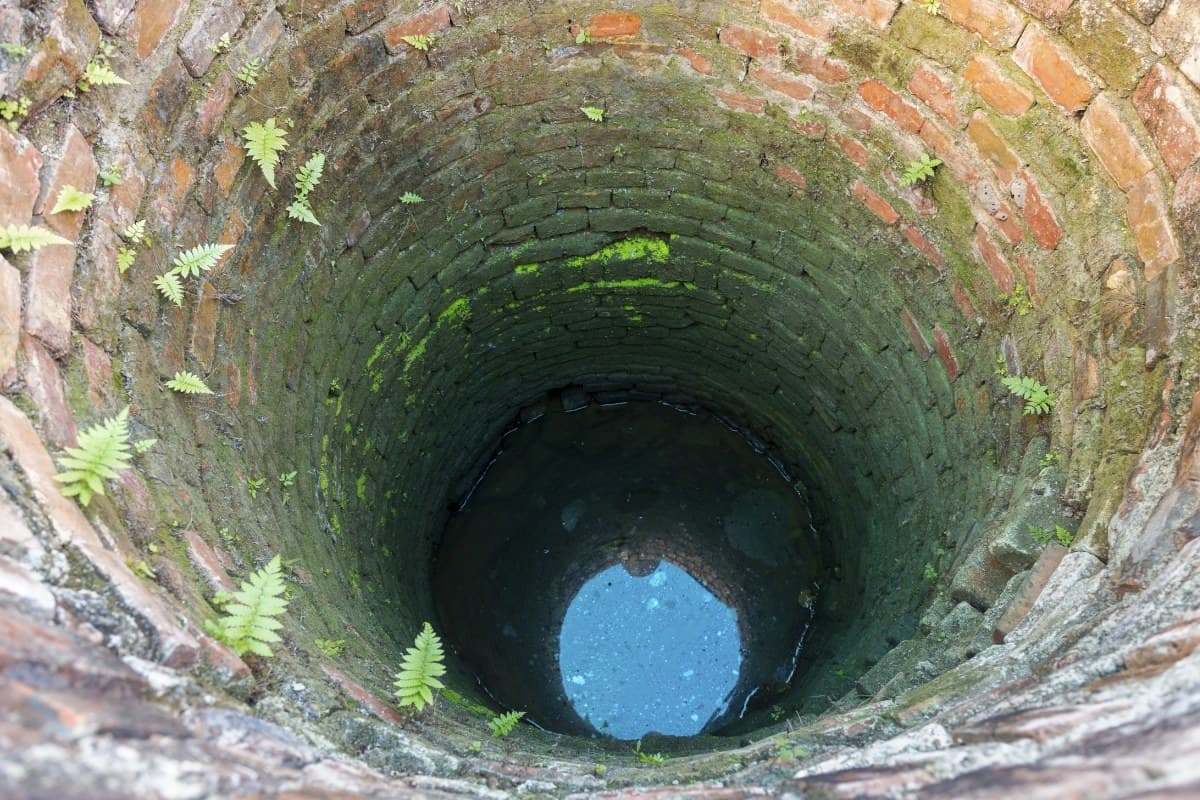 Looking down an old brick-lined water well with ferns on the walls and water at the bottom.